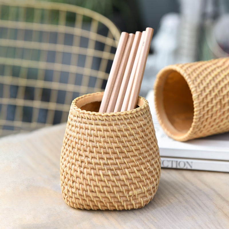 Tablet Reading Accessories - ที่ใส่ปากกาเรซิ่นลายหวายเทียม สไตล์มินิมอล สำหรับจัดระเบียบโต๊ะทำงาน ตกแต่งบ้าน สำนักงาน ห้องอ่านหนังสือ